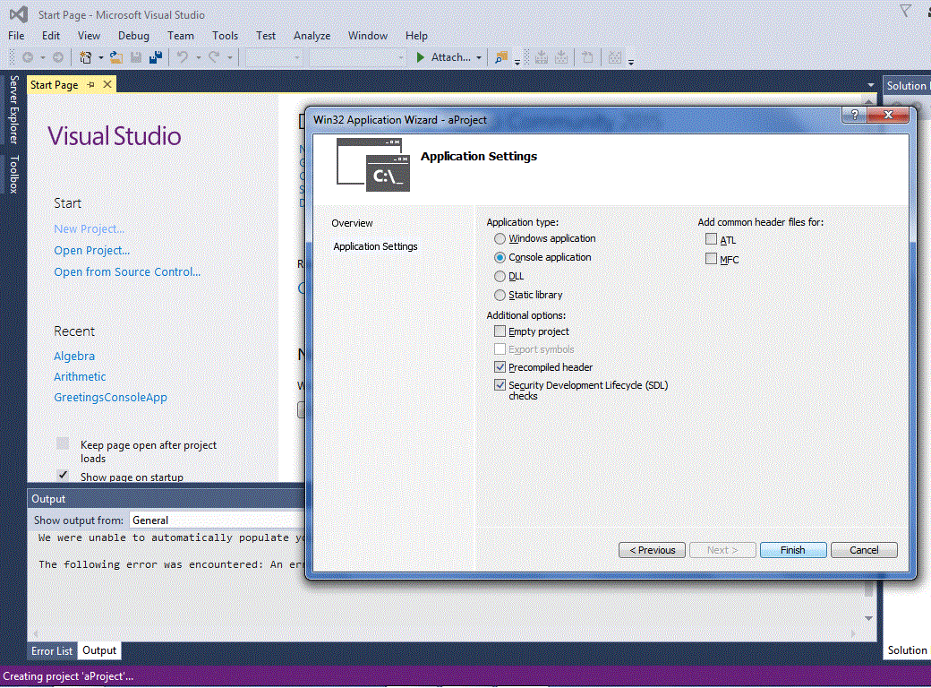 Visual Studio Finish New Project